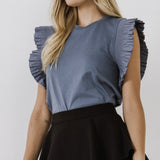 POPLIN KNIT RUFFLE SLEEVE TOP