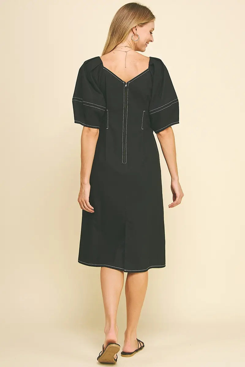 SQUARE NECK STITCH MIDI DRESS