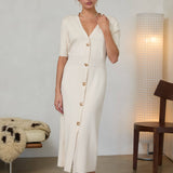 Ribbed Short Sleeve Midi Dress with Gold Buttons