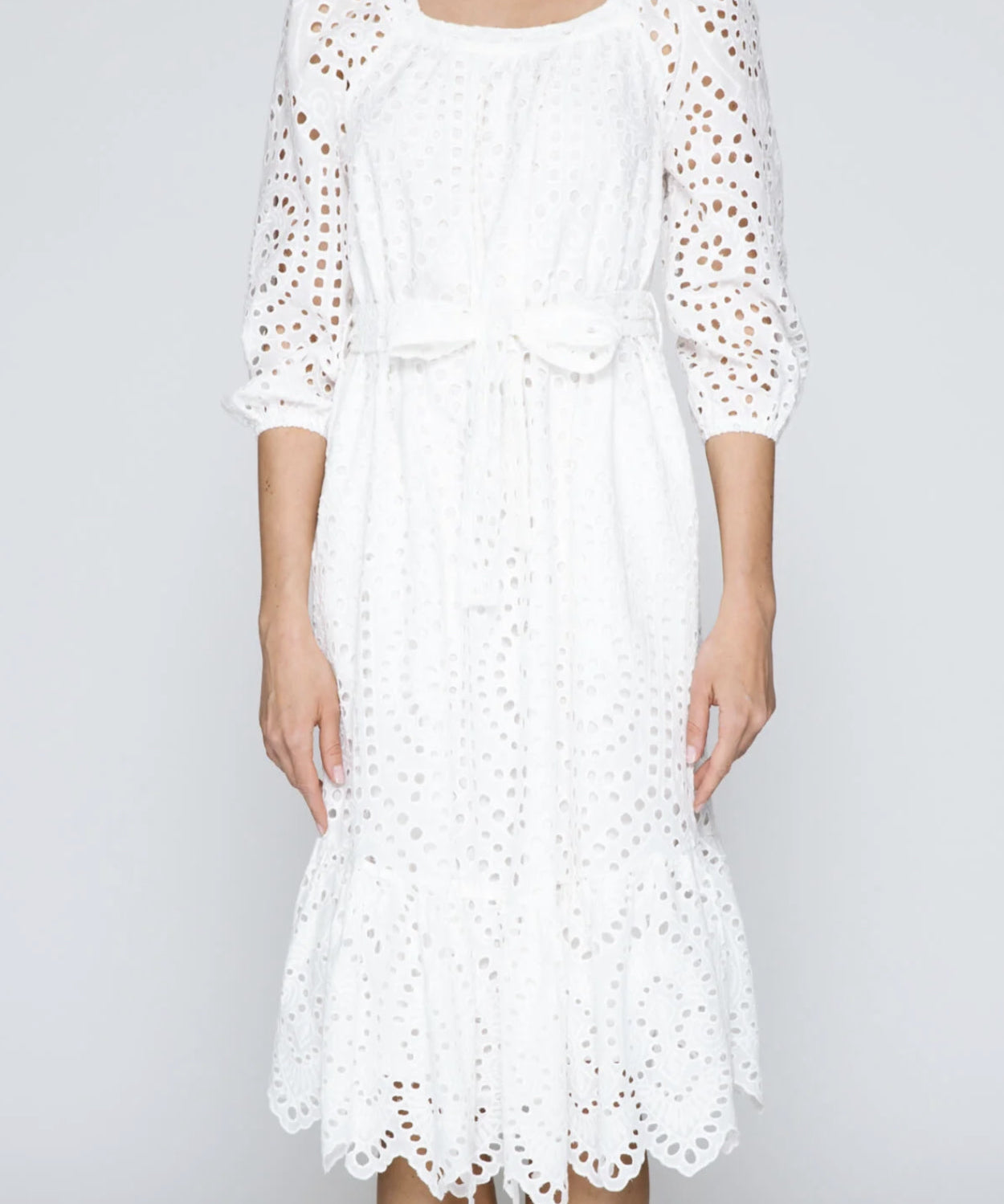 EYELET BELTED MIDI DRESS