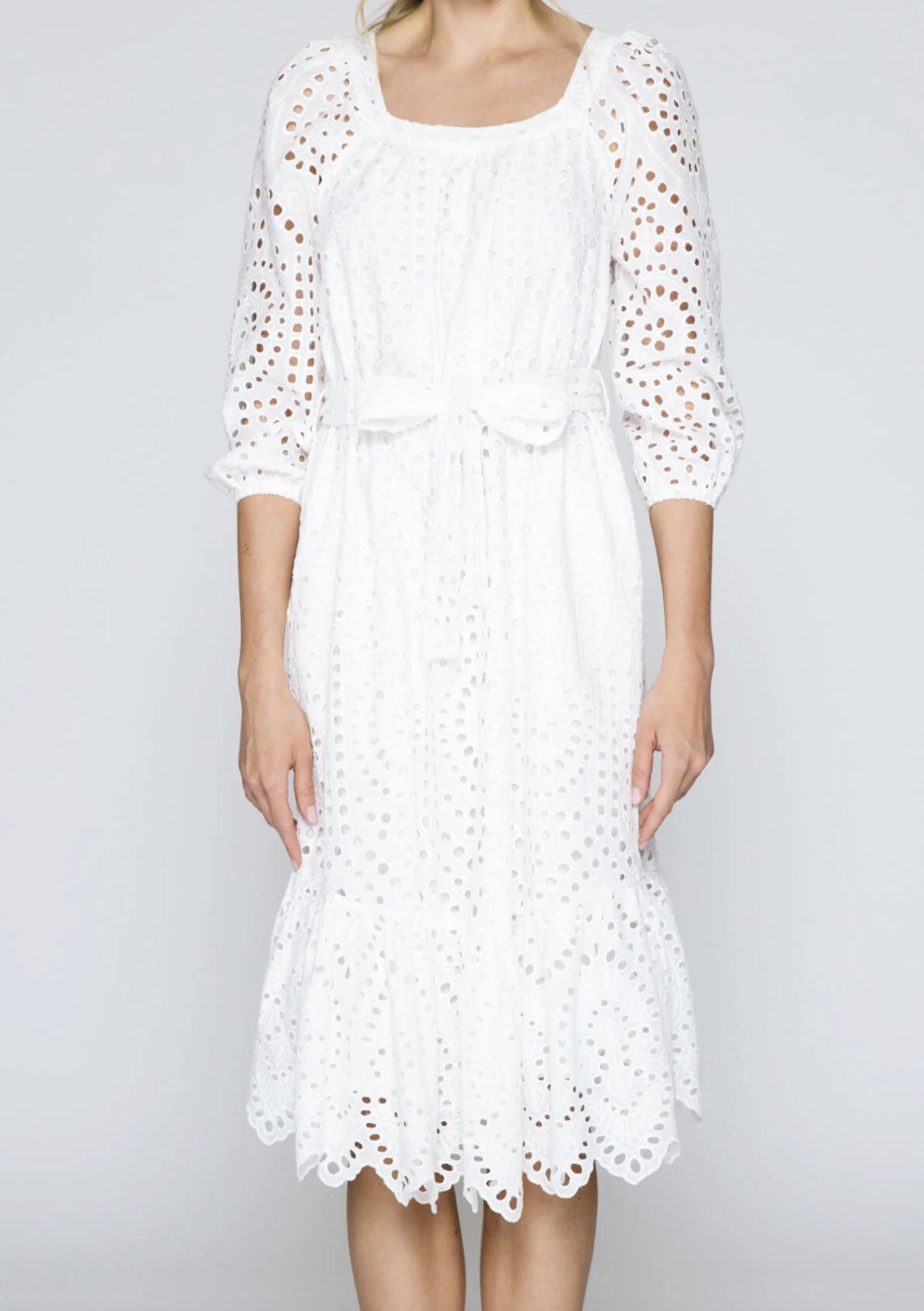 EYELET BELTED MIDI DRESS