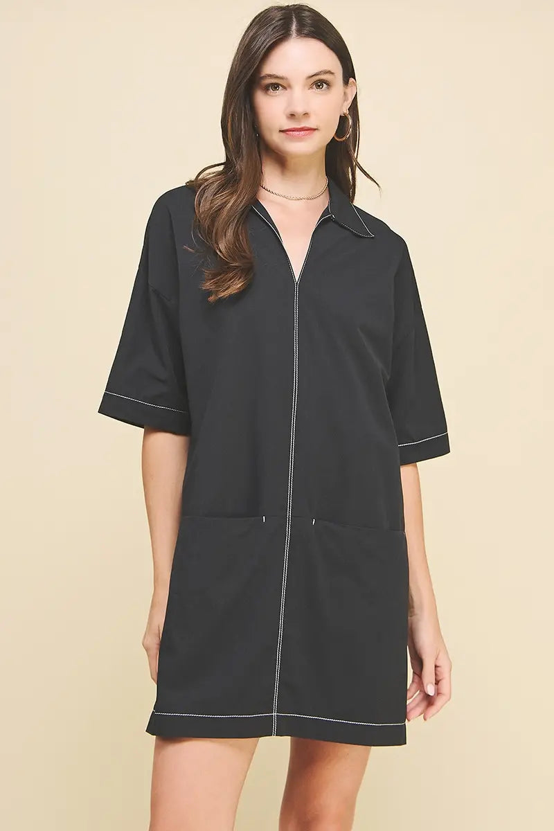 V NECK STITCH MINI DRESS