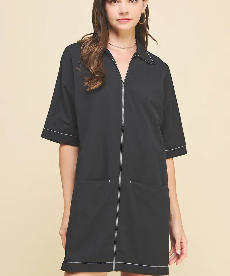 V NECK STITCH MINI DRESS