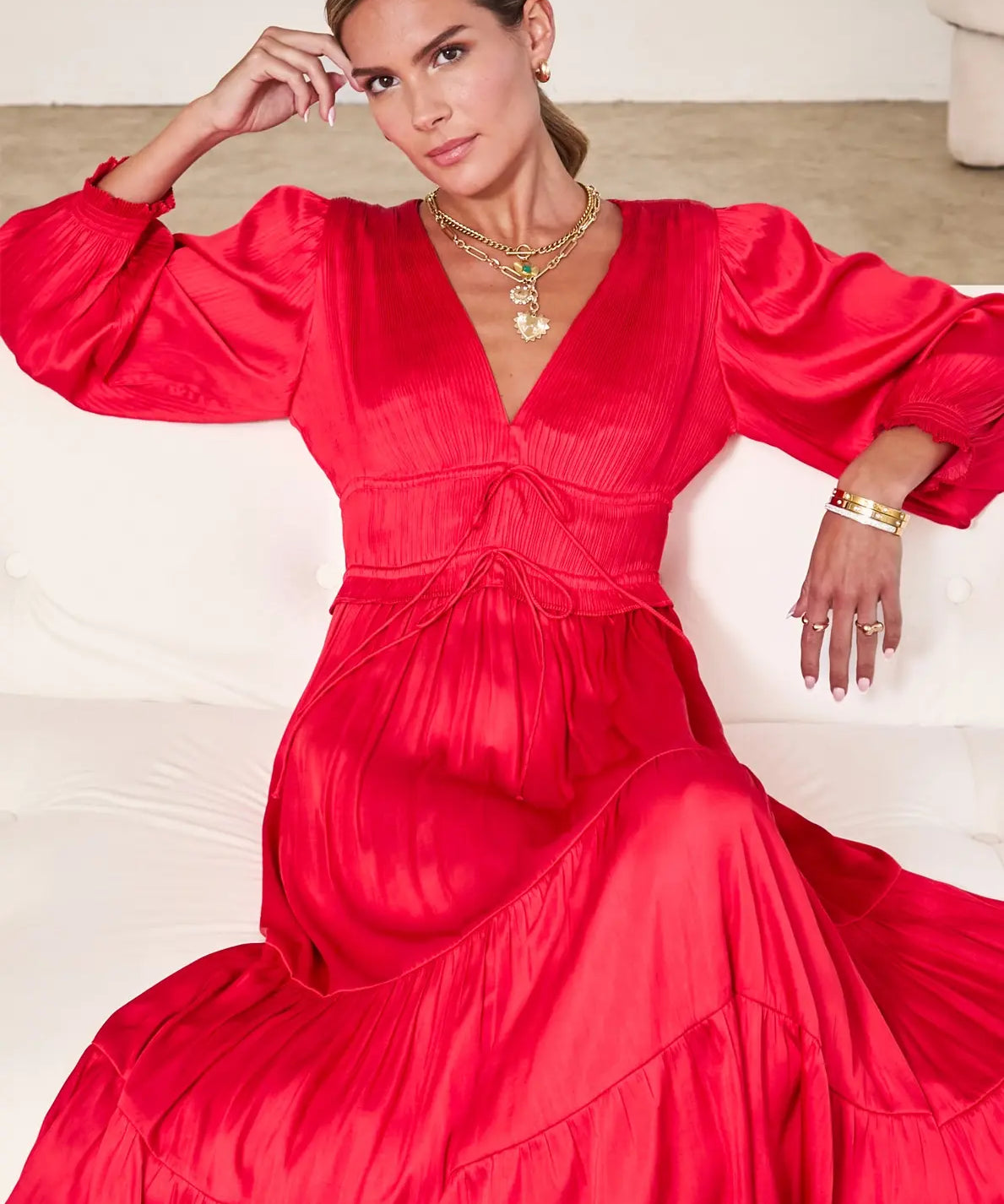 V NECK SATIN TIERED MIDI DRESS