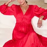 V NECK SATIN TIERED MIDI DRESS