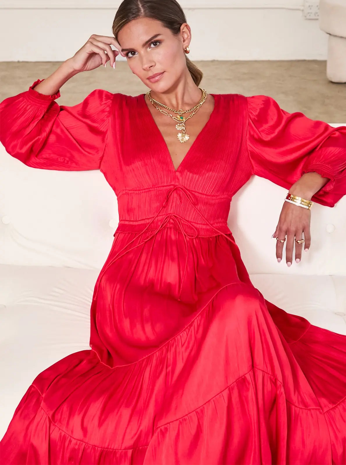 V NECK SATIN TIERED MIDI DRESS