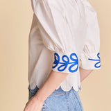 SCALLOP HEM EMBROIDERED TOP