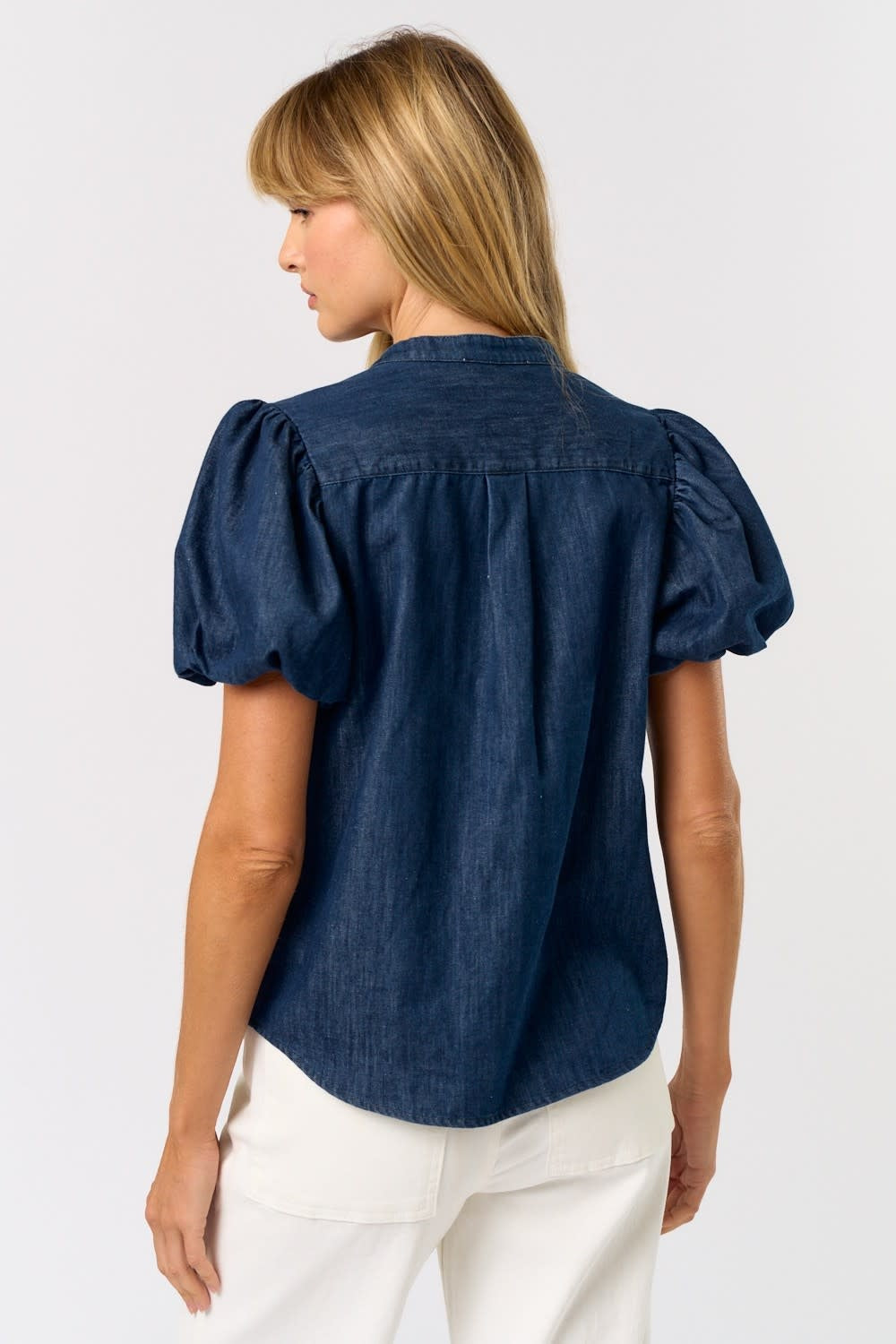 DENIM PUFF SLEEVE VNECK BLOUSE