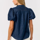 DENIM PUFF SLEEVE VNECK BLOUSE