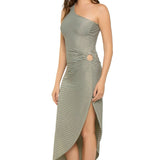 STRIPED LUREX RIBBED ONE SHOULDER DRESS