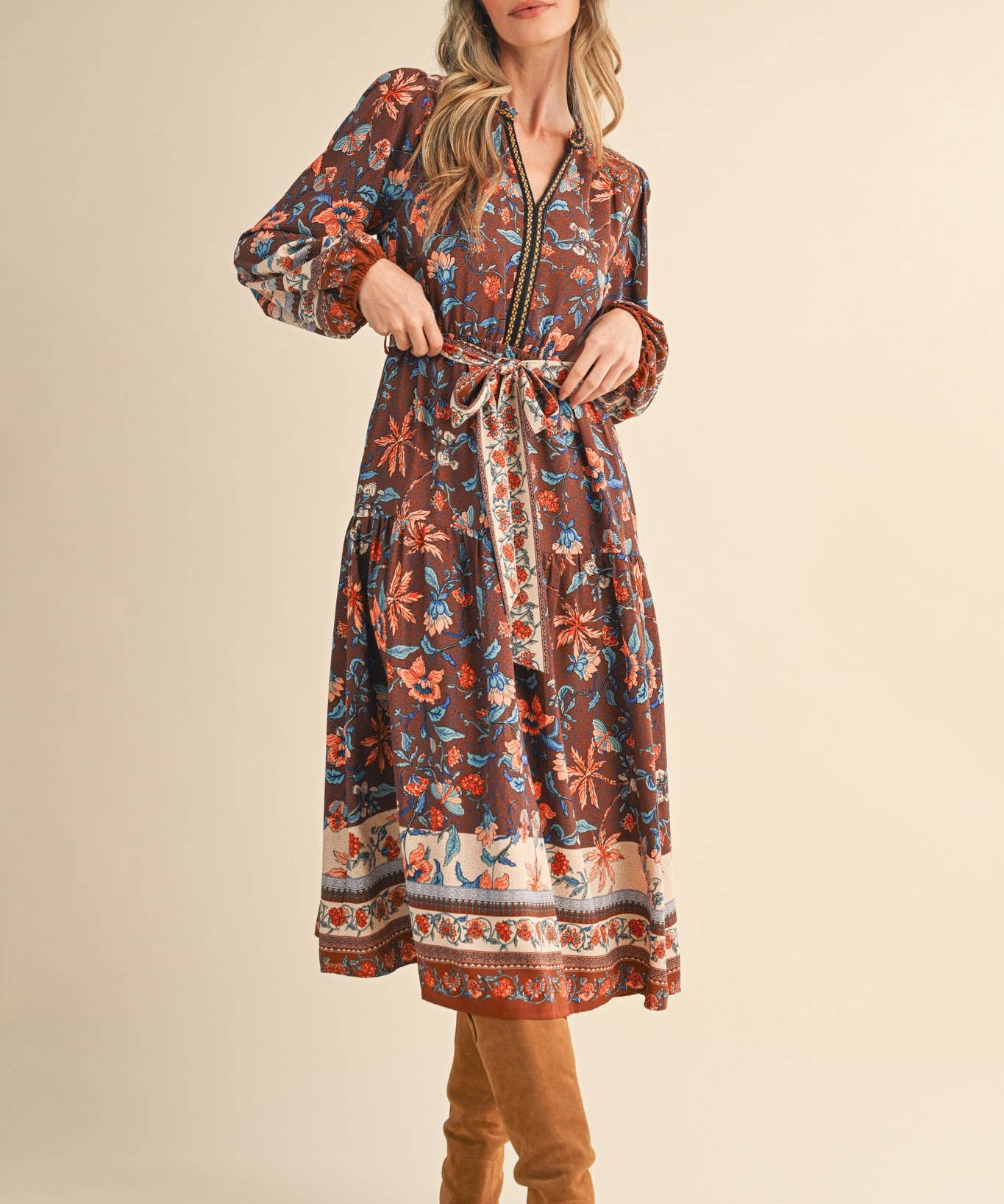 FLORAL PRINT BELTED MIDI