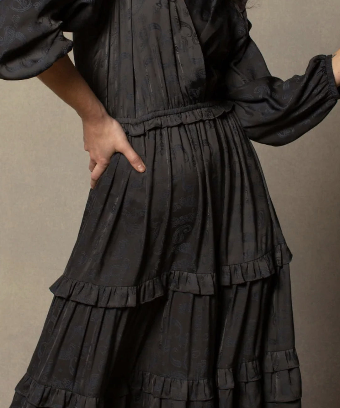 RUFFLE DETAIL TIERED MIDI DRESS