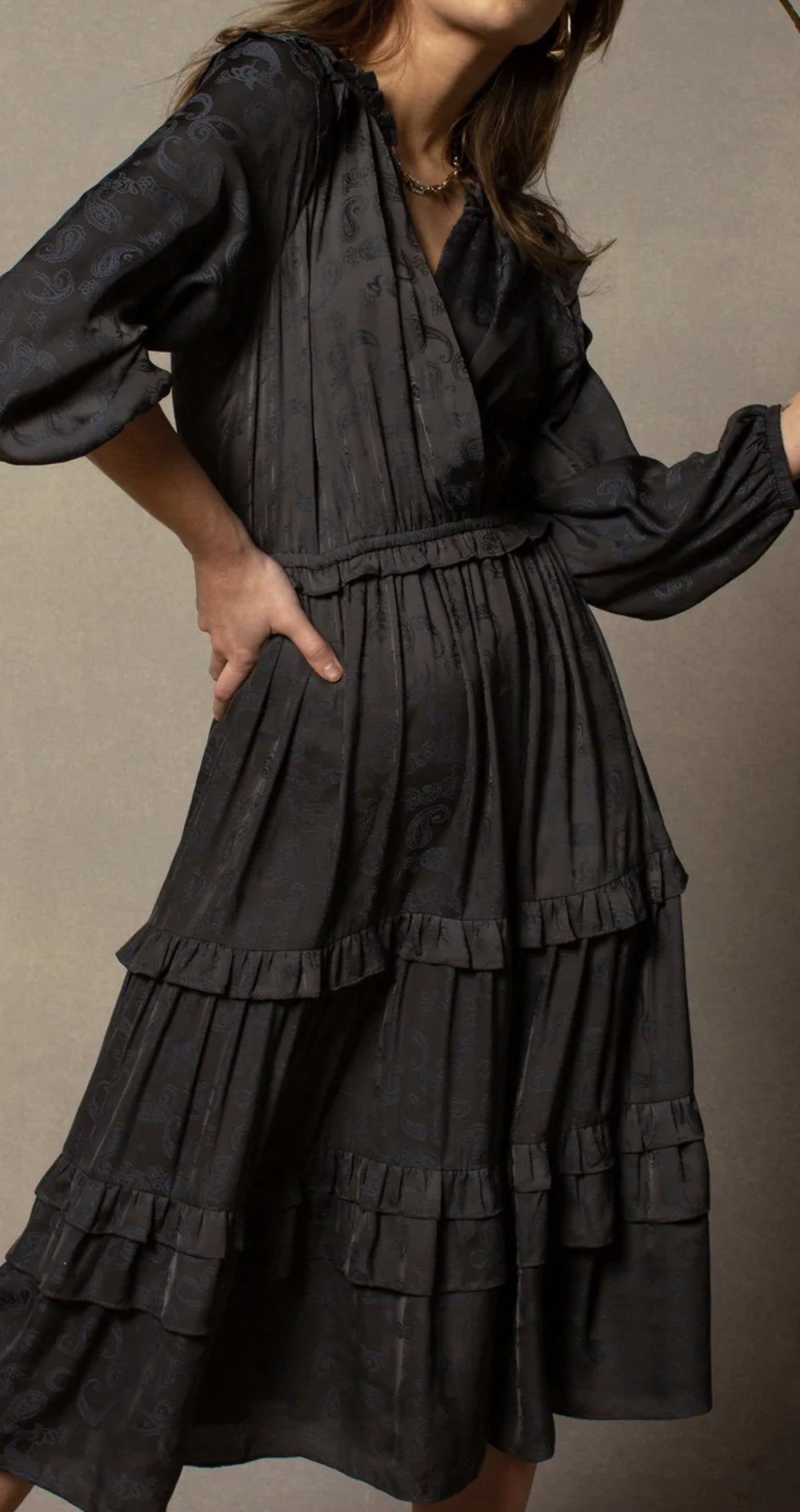 RUFFLE DETAIL TIERED MIDI DRESS