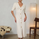 Ribbed Short Sleeve Midi Dress with Gold Buttons