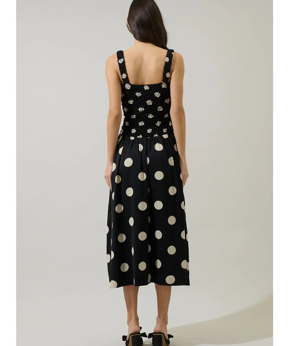 EMERSON DOT RUCHED MIDI DRESS