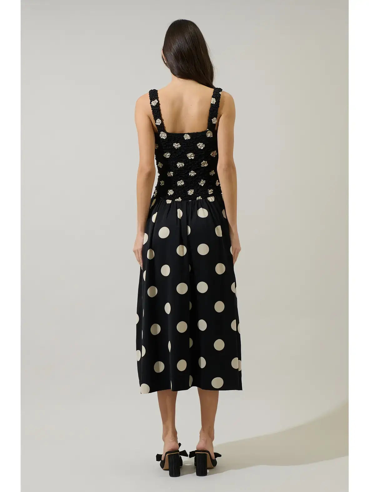 EMERSON DOT RUCHED MIDI DRESS