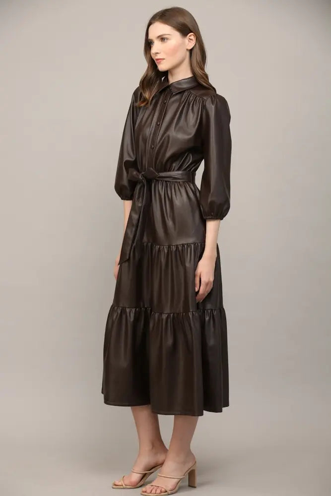 FAUX LEATHER TIERED MIDI DRESS
