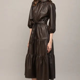 FAUX LEATHER TIERED MIDI DRESS