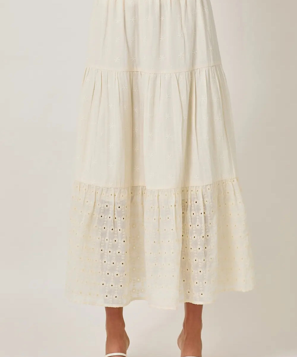 EMBROIDERED EYELET TIERED SKIRT