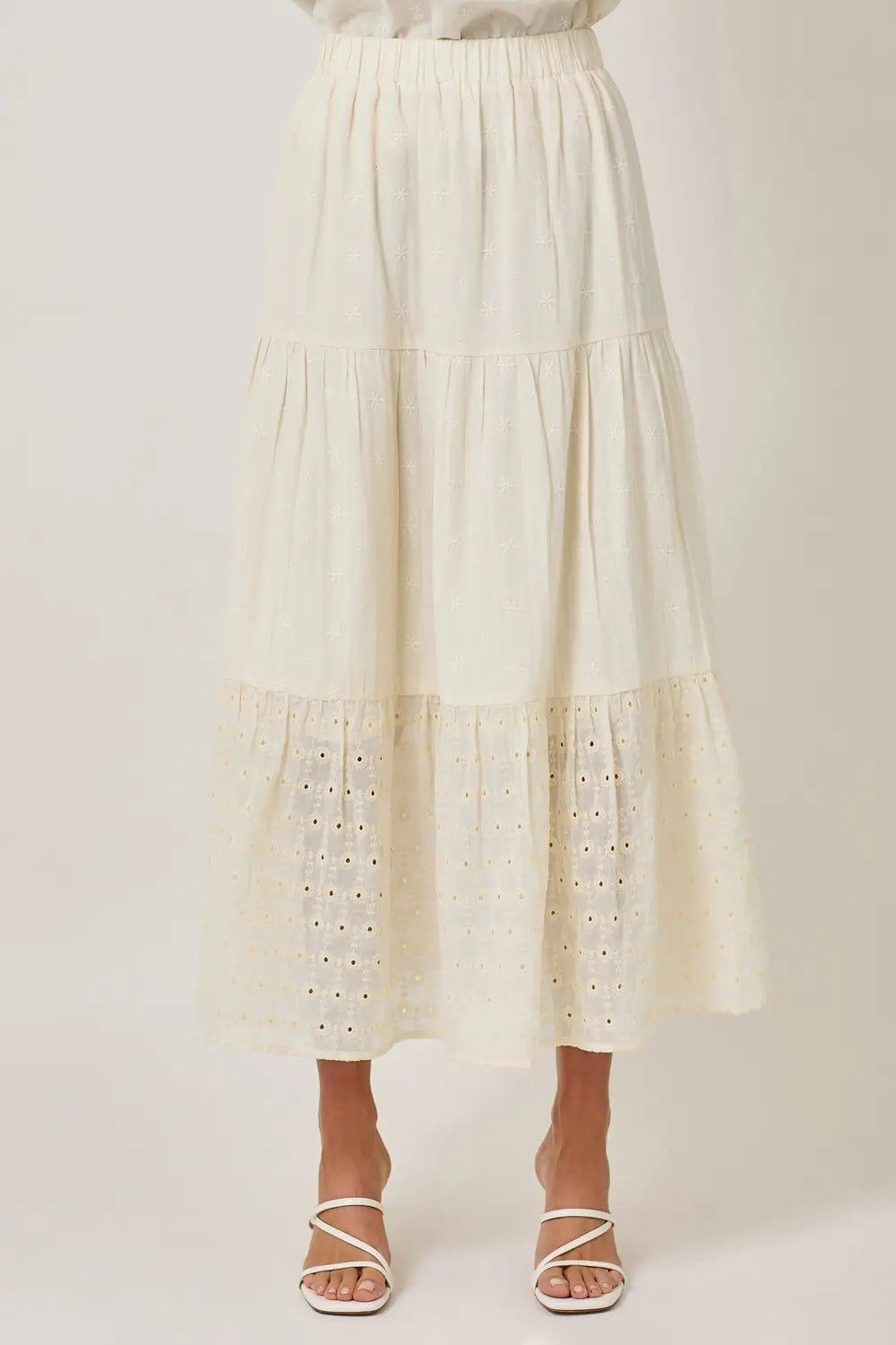 EMBROIDERED EYELET TIERED SKIRT