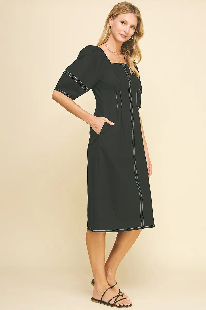 SQUARE NECK STITCH MIDI DRESS
