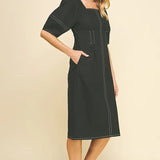 SQUARE NECK STITCH MIDI DRESS