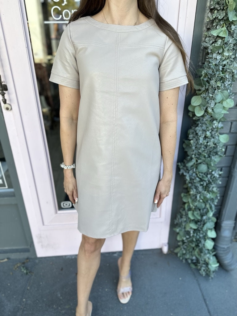 SHORT SLEEVE LEATHER SHIFT DRESS