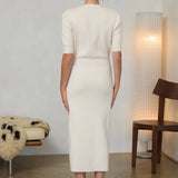 Ribbed Short Sleeve Midi Dress with Gold Buttons