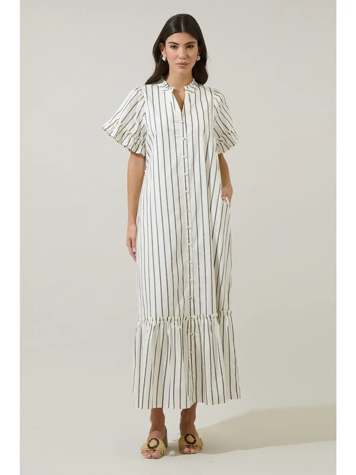 ALIYA STRIPED BUTTON UP MIDI DRESS