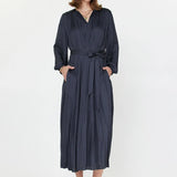 ROUND NECK SILKY PLEATED MIDI DRESS