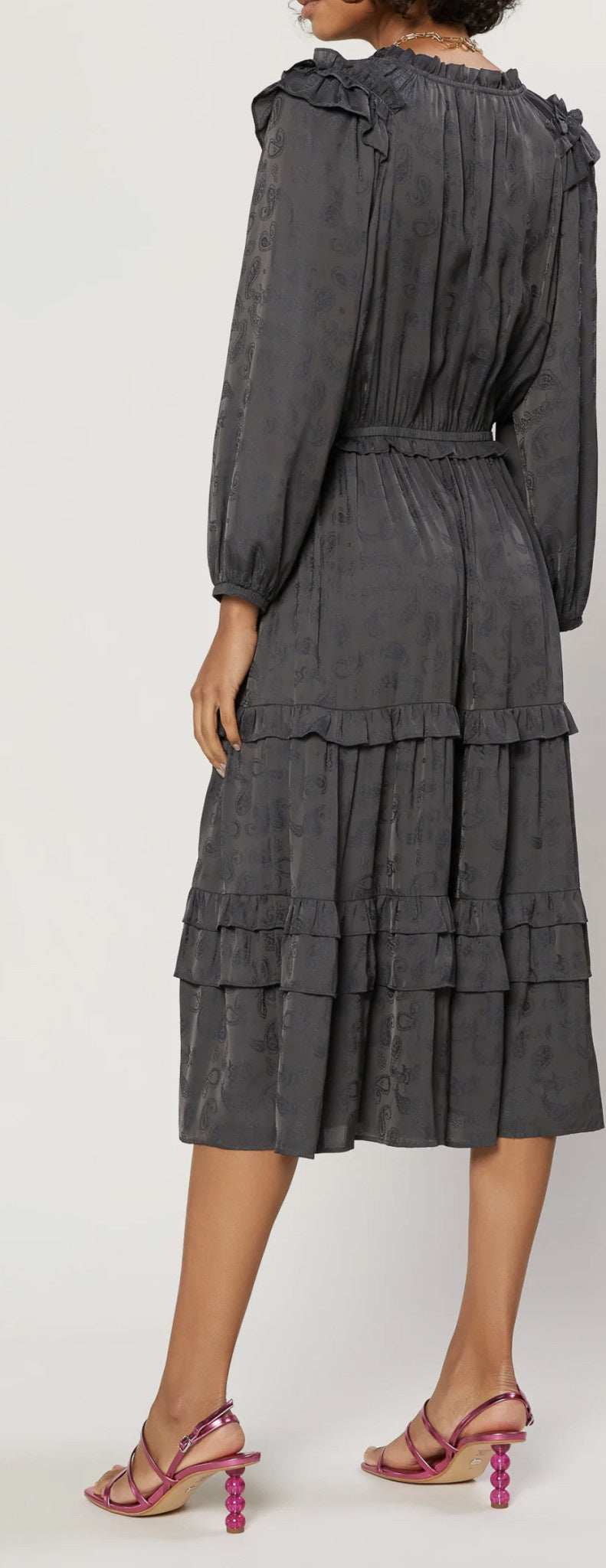 RUFFLE DETAIL TIERED MIDI DRESS