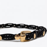 Black Braided Faux Leather Gold Buckle Stud Detail Belt