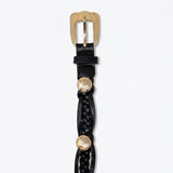 Black Braided Faux Leather Gold Buckle Stud Detail Belt