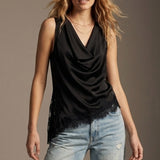 Black Satin Lace Trim Asymmetric Hem Sleeveless Top