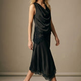 Black Satin Lace Trim Asymmetric Hem Sleeveless Top