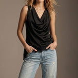 Black Satin Lace Trim Asymmetric Hem Sleeveless Top