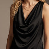 Black Satin Lace Trim Asymmetric Hem Sleeveless Top
