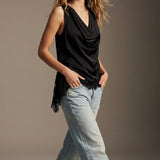 Black Satin Lace Trim Asymmetric Hem Sleeveless Top