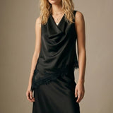 Black Satin Lace Trim Asymmetric Hem Sleeveless Top