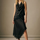Black Satin Lace Trim Asymmetric Hem Sleeveless Top