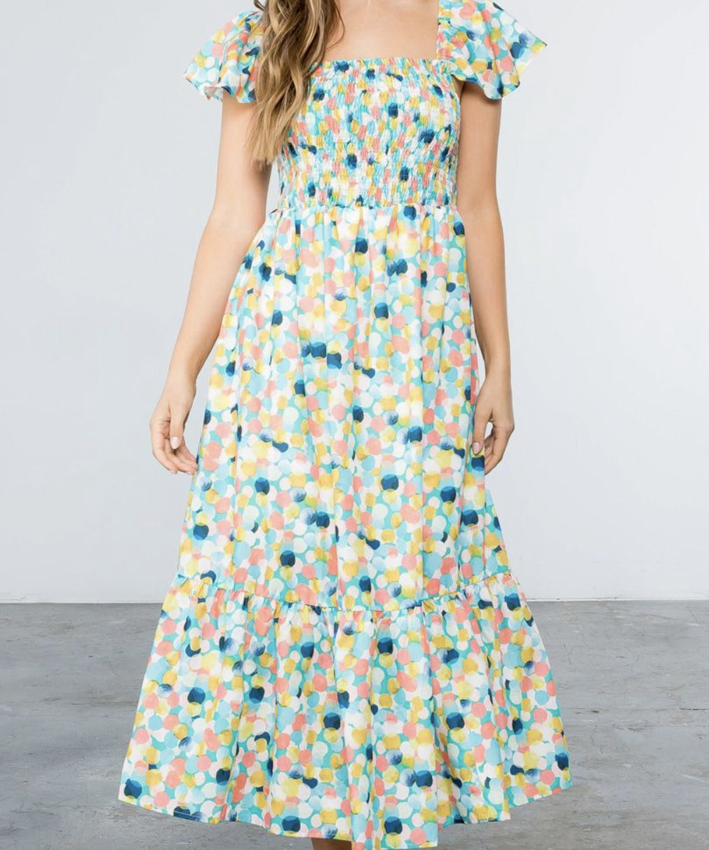 POLKA DOT SMOCKED MIDI DRESS