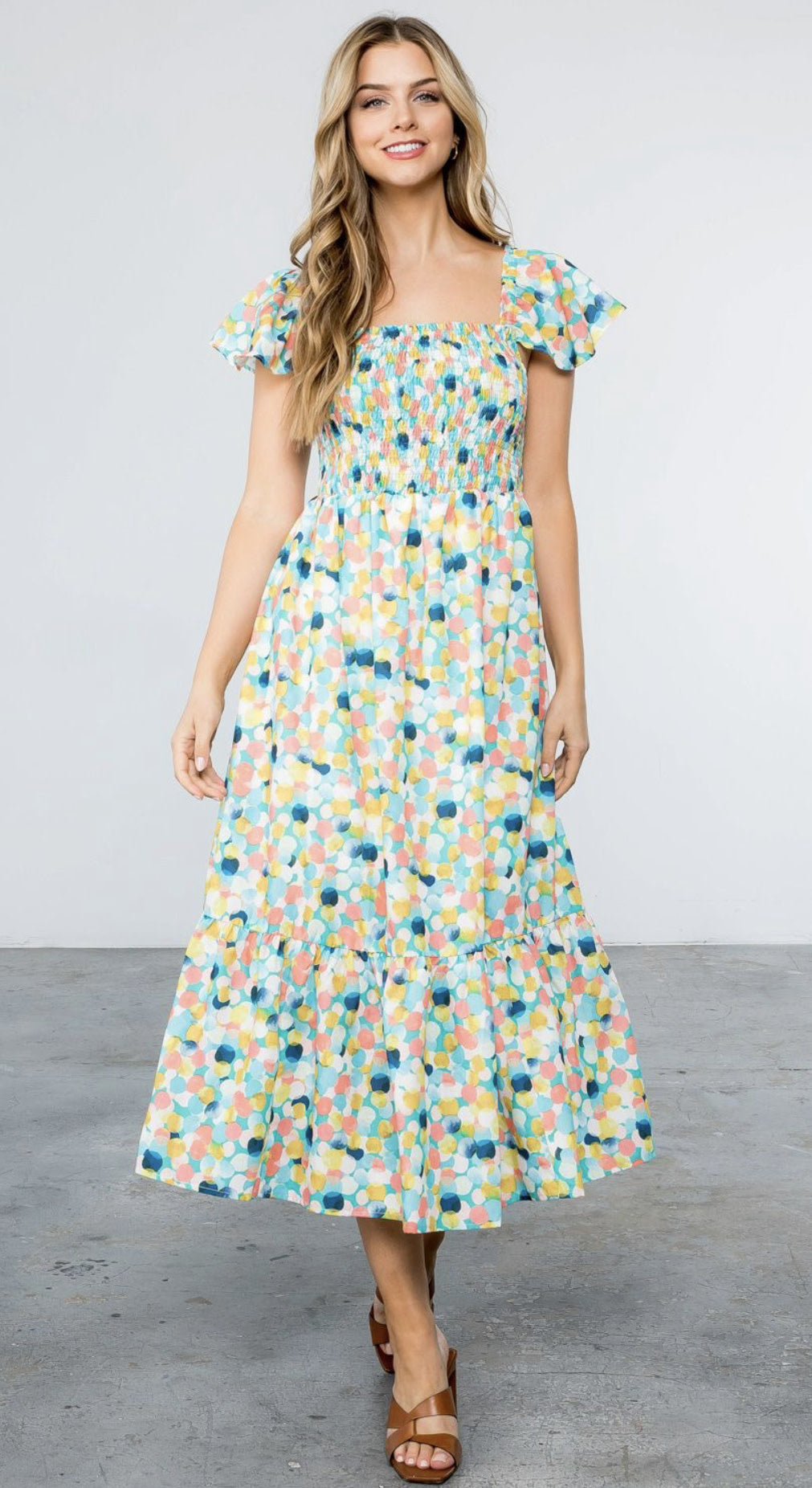 POLKA DOT SMOCKED MIDI DRESS
