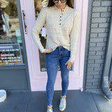 HALF BUTTON CABLE KNIT DETAIL SWEATER
