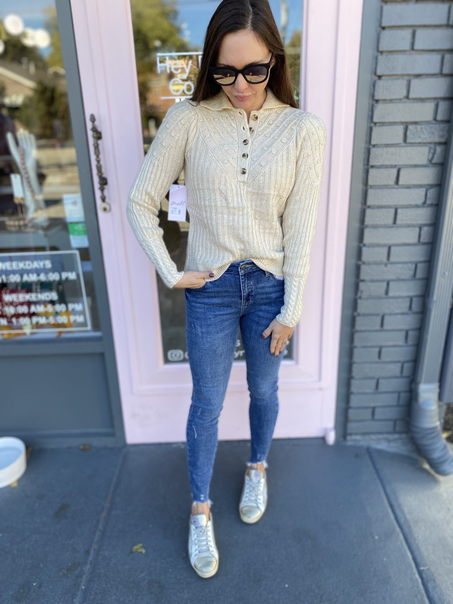 HALF BUTTON CABLE KNIT DETAIL SWEATER