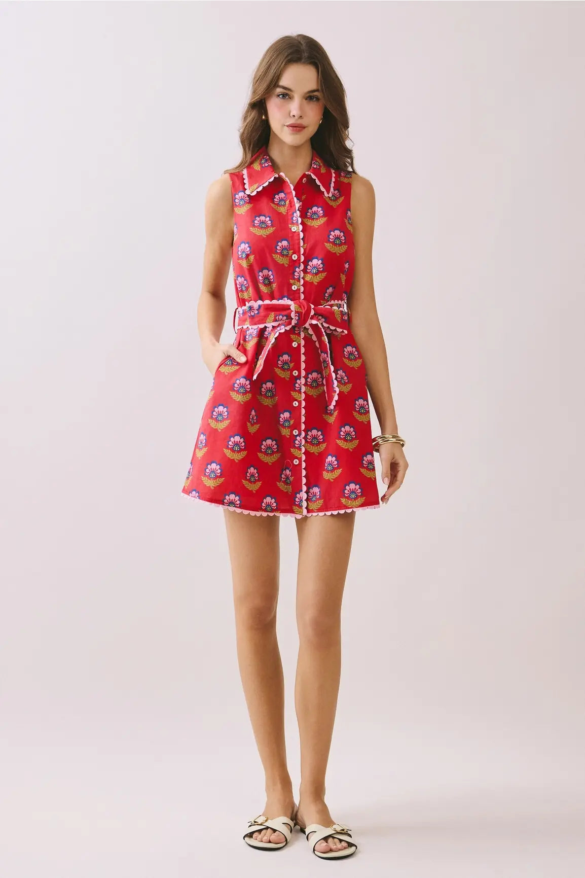 FLORAL PRINT SCALLOP TRIM DRESS