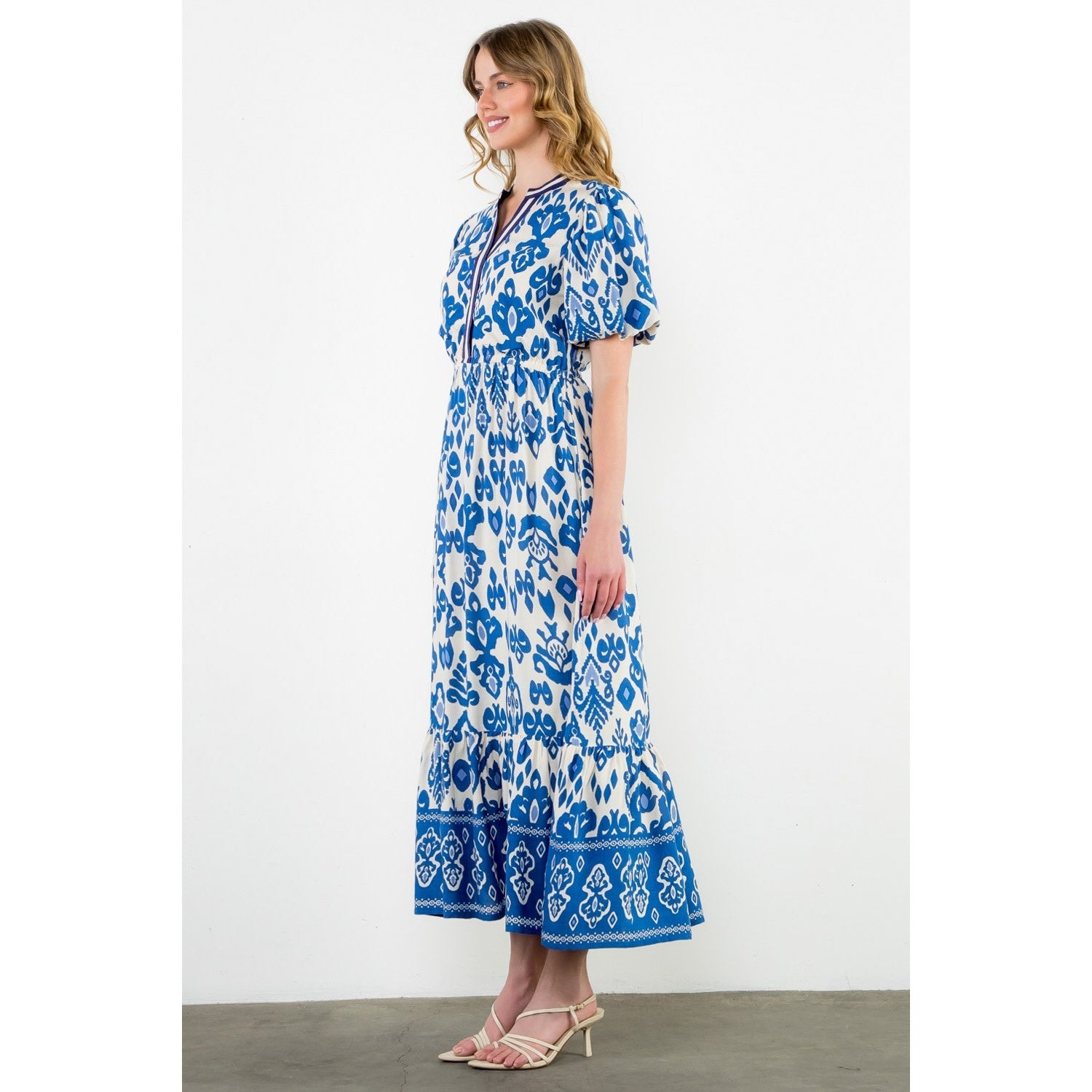PUFF SLEEVE IKAT PRINT MAXI DRESS