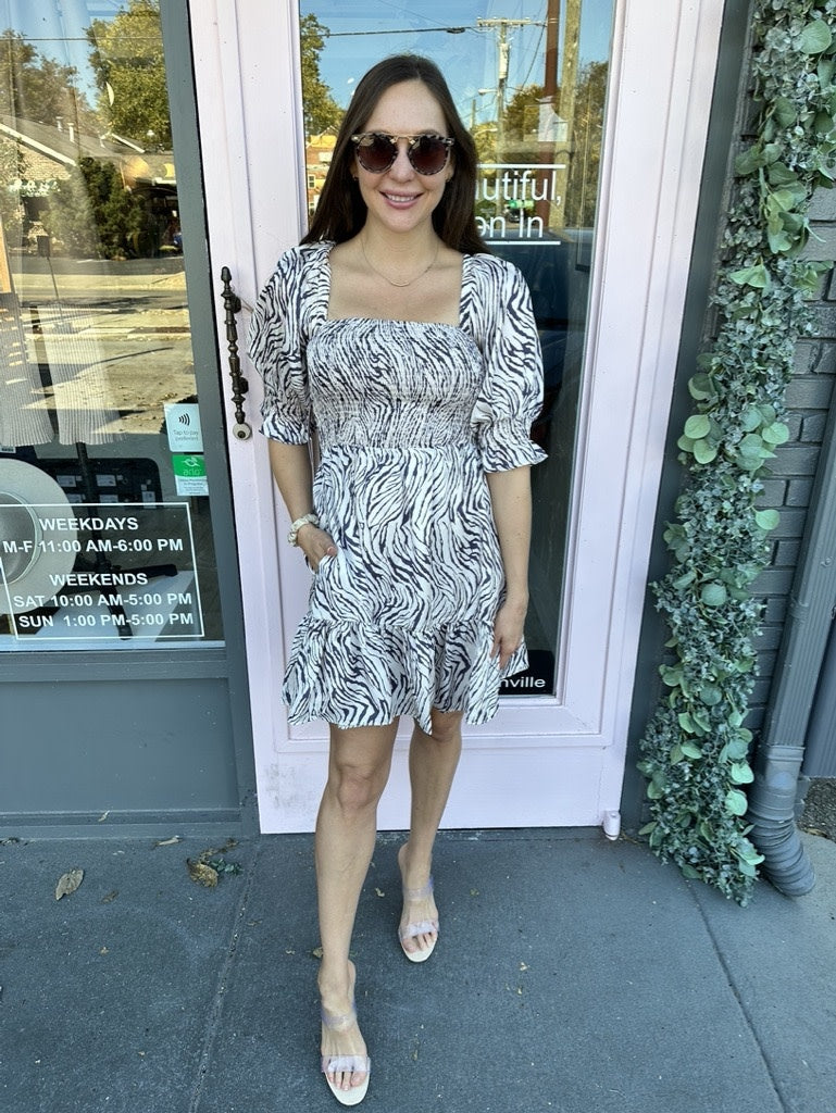SATINE SMOCKED ZEBRA DRESS