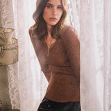 Metallic Ribbed Knit Scallop-Neck Top