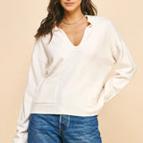 COLLARED VNECK SWEATER W/FRONT POCKETS