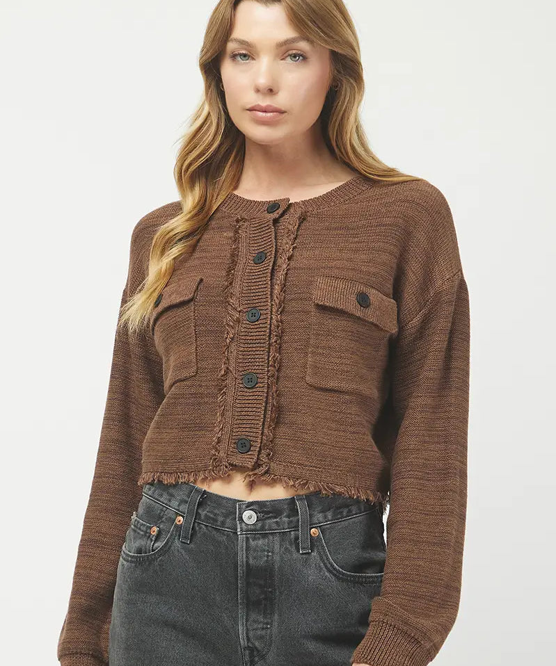 Brown Frayed Hem Cardigan